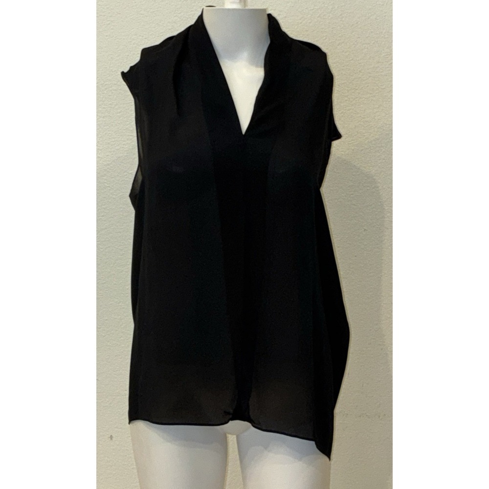 CAbi Silk Blend Pleated Blouse Black Office Career Minimalist Loose Classic Sz M